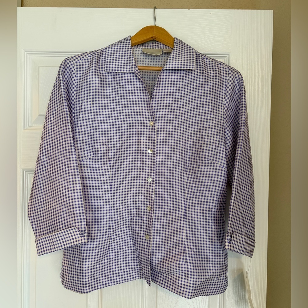 NWT Worthington 100% Silk Gingham Blouse Size 6 Shantung Purple White Luxury J3